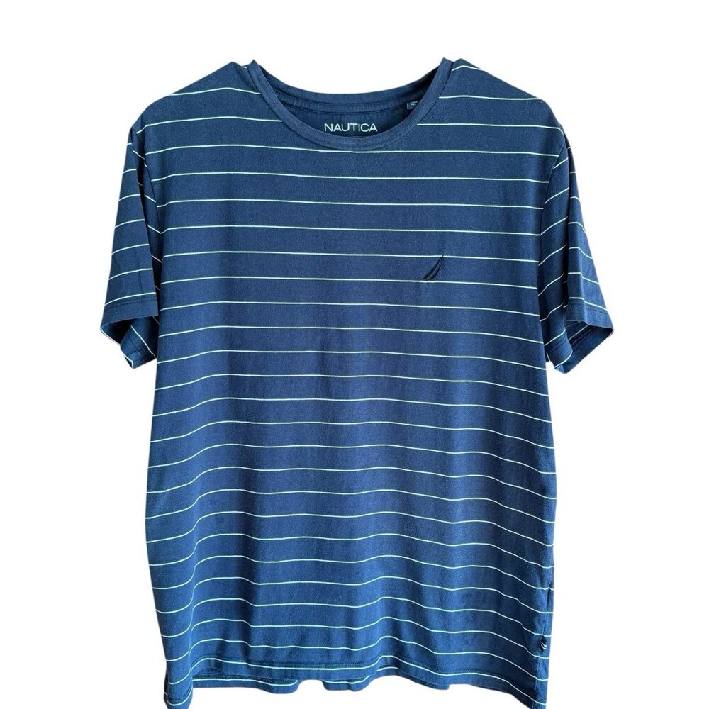 Nautica‎ Men’s Striped Short Sleeve Navy Blue and White T-Shirt Size M Crew Neck